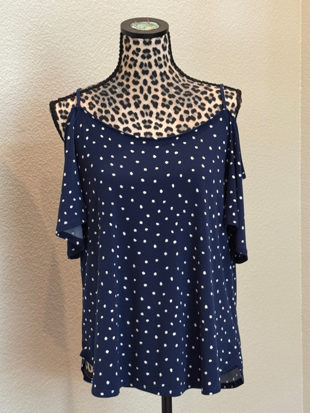 Kaileigh Navy and White Polka Dot Cold-Shoulder Blouse